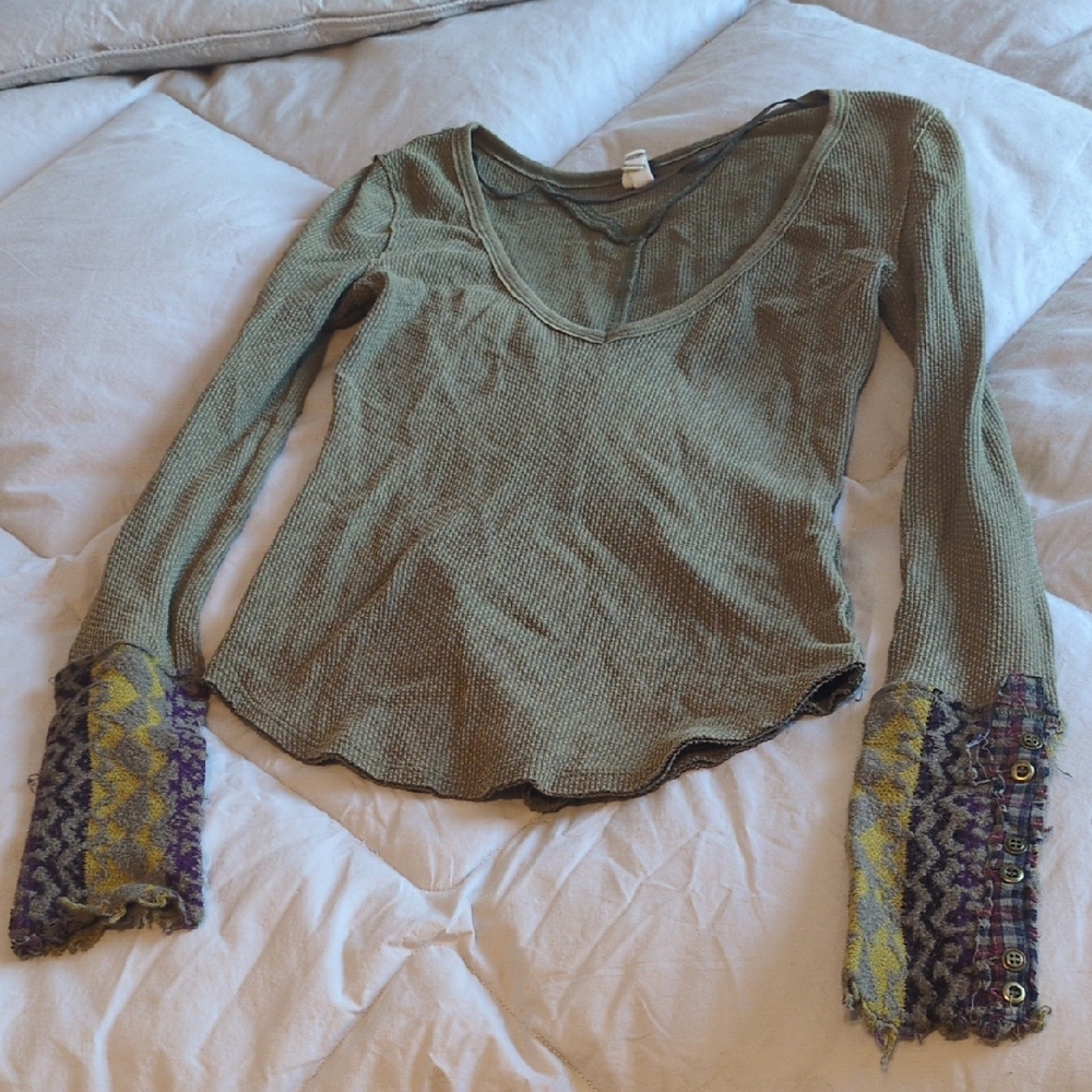 We The Free Olive Long Sleeve Thermal Top with Patterned Cuffs